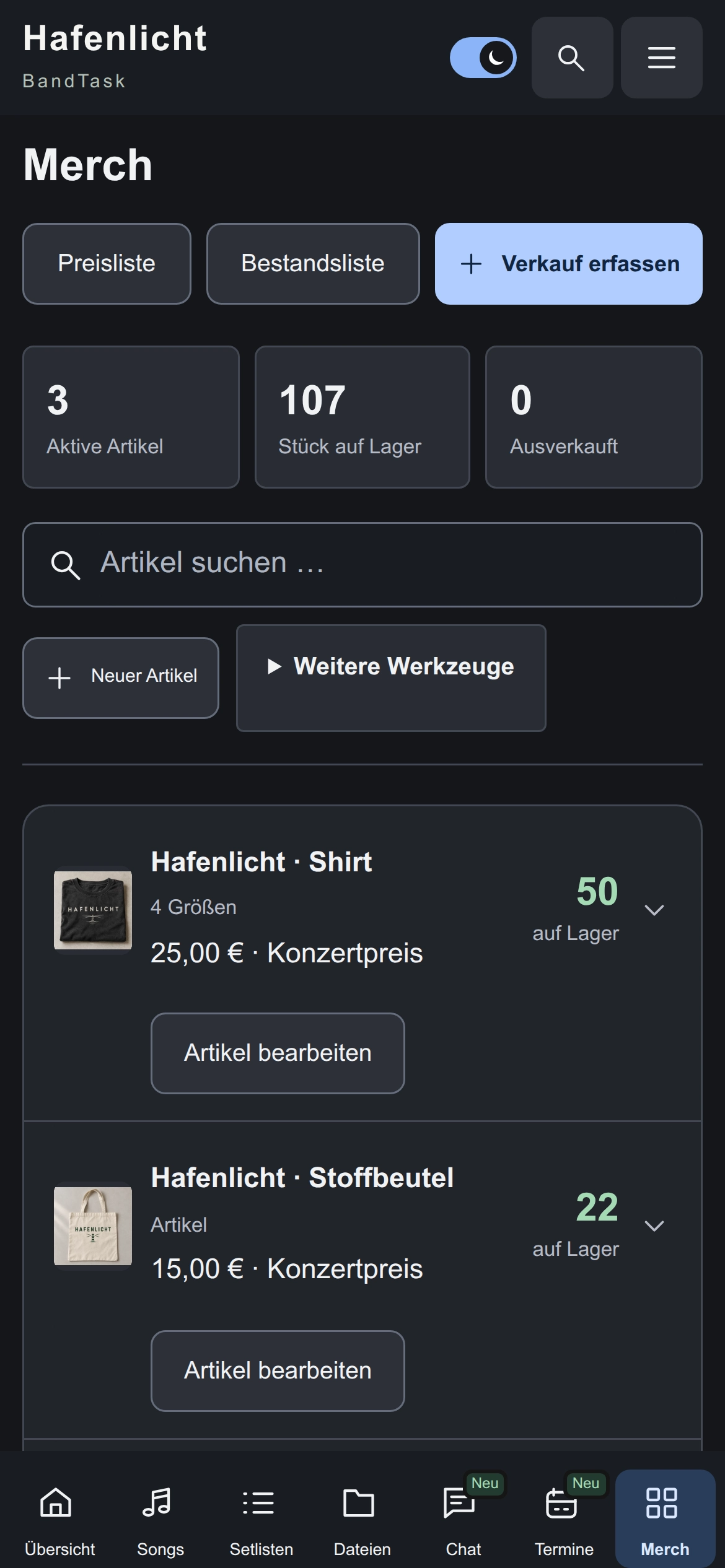 Mobile Merchübersicht der Beispielband Hafenlicht mit Artikeln, Preisen und Beständen