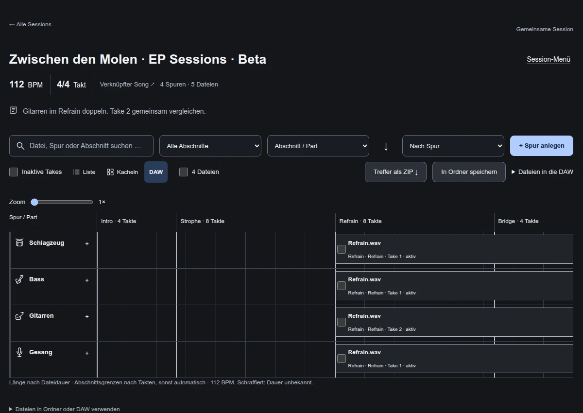 BandTask Recording-Timeline mit fiktiven Spuren, Songabschnitten und Takes